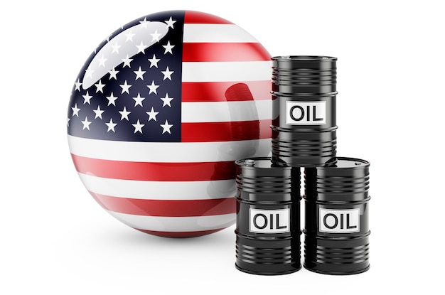 Oil barrels with The United States flag Oil production or trade in the USA concept 3D rendering