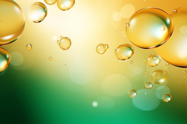 Photo oil bubbles floating over abstract green and golden background