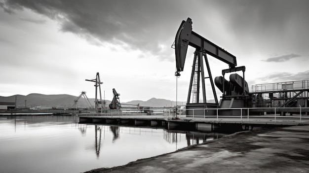 Oil drilling derricks at desert oilfield Crude oil production from the ground