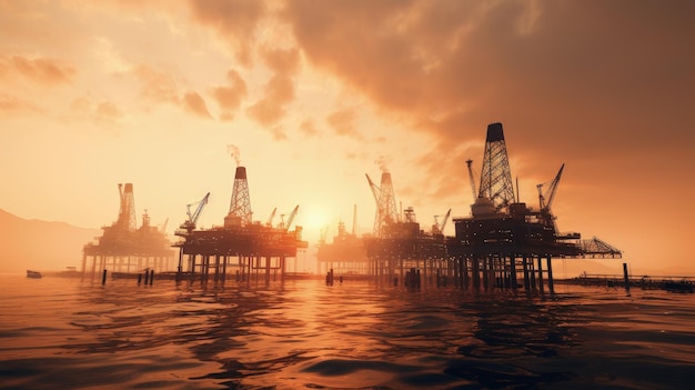 Oil drilling platforms vessel and evening sky over the sea Located in Huntington Beach California silhouette concept