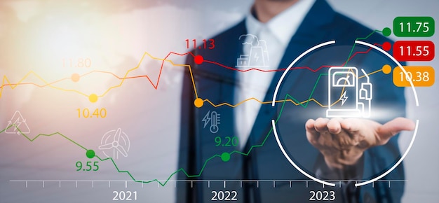 Oil energy graph of the world market impact on the economy conceptBusinessman touch chart with the indicator on the oil price slide at gas station fluctuations in oil prices and exchange trade