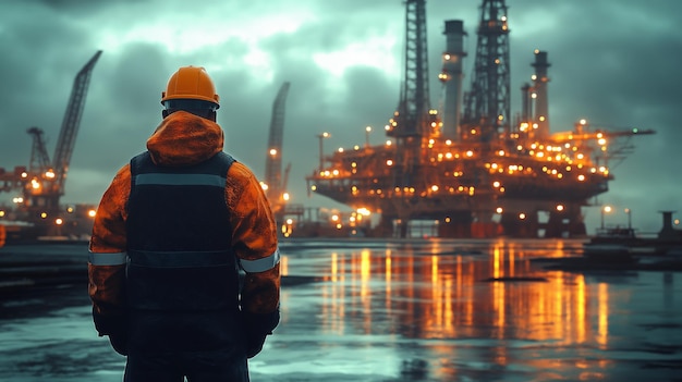 Photo an oil engineer standing in front of the oil rigs