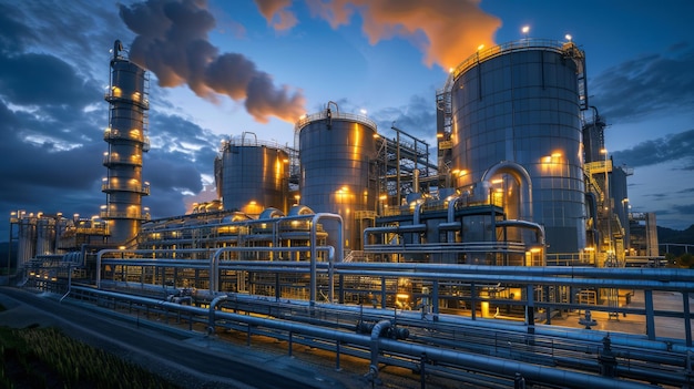 Oil and gas processing plant with distillation tower and pipelines at night