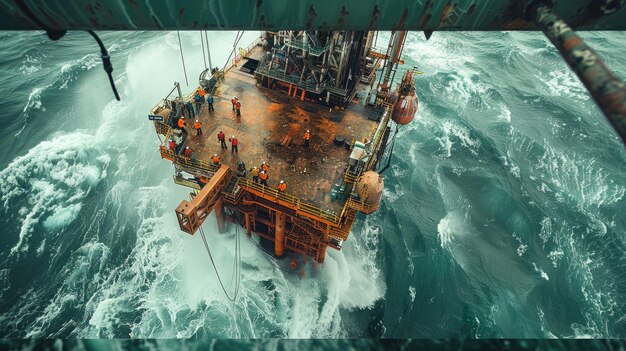 An oil and gas production station is shown standing tall against a rough sea