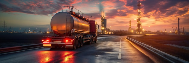 Oil and gas truck on the evening road heading from the oil refinery plant or oil depot