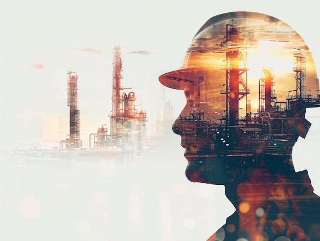 Oil and gas worker in double exposure with industrial plant at sunrise on white gradient background