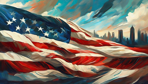 Oil illustration of national American silk fabric flag dark city and sky on background