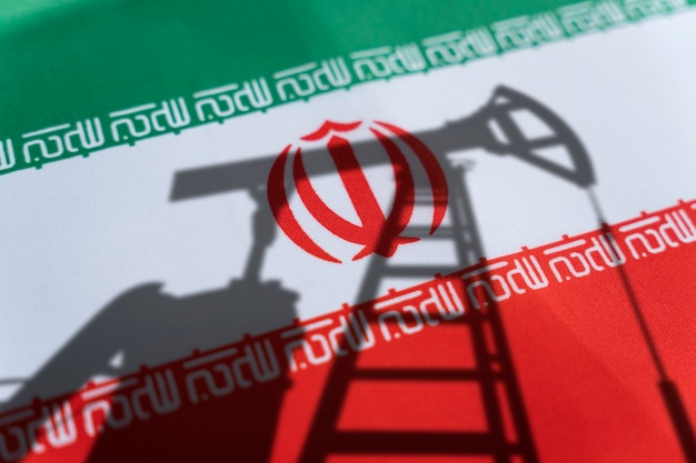 Oil industry of iran Oil rigs on the background of the iranian flag Mining and oil export trading on global fuel market Fuel industry concept