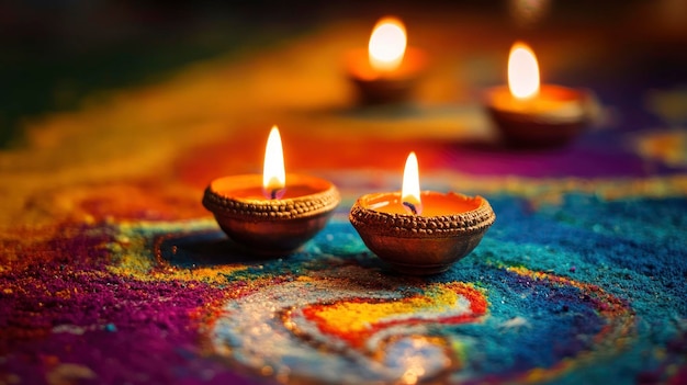 Oil lamps lit on colorful rangoli during diwali celebration festive atmosphere