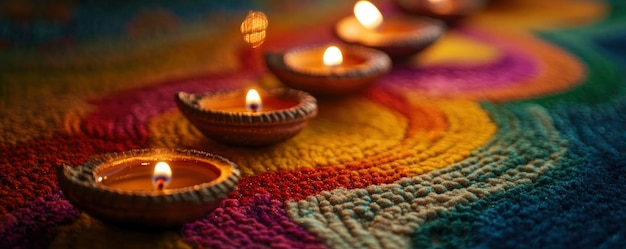 Oil lamps lit on colorful rangoli during diwali celebration festive atmosphere