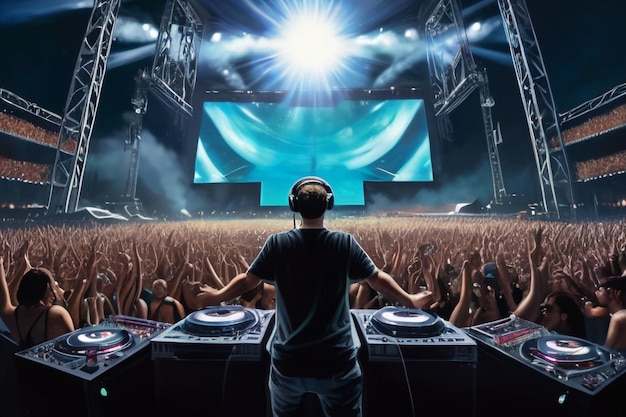 Oil painting artistic image of edm dj on stage in front of a giant screen performing