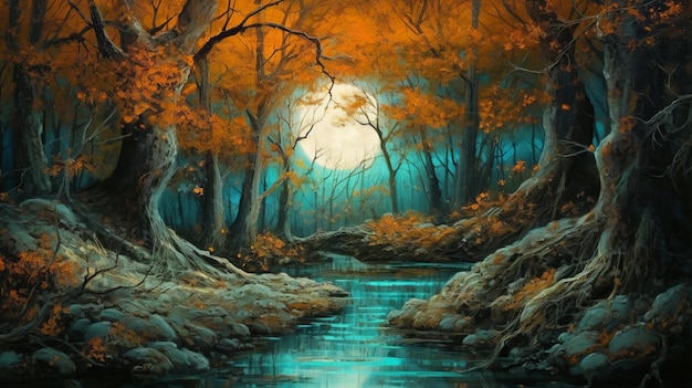 Oil Painting of Autumn Forest Illustration AI GenerativexA