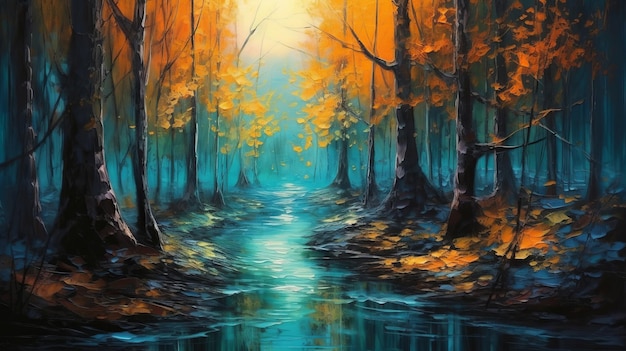 Oil Painting of Autumn Forest Illustration AI GenerativexA