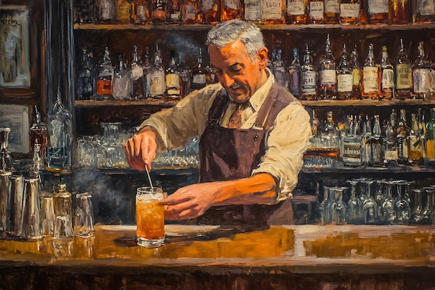 Oil Painting of a Bartender Making a Drink in a Bar