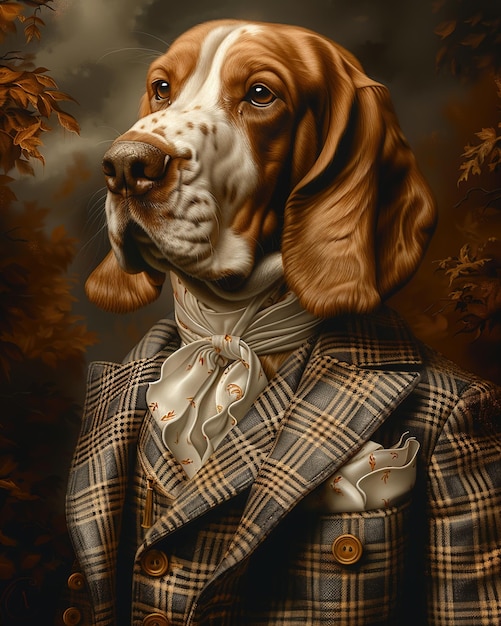 Photo oil painting basset hound dog dressed as a member of the bradley family from the wedding party