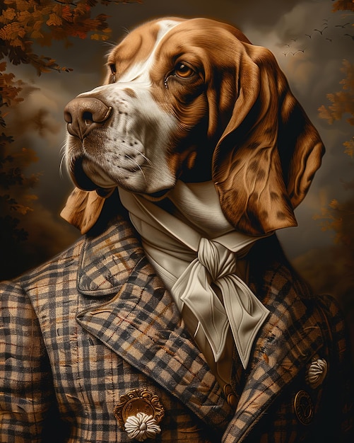 Photo oil painting basset hound dog dressed as a member of the bradley family from the wedding party