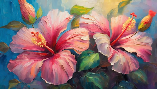 Oil painting of beautiful Hibiscus flowers Floral composition Detailed hand drawn art