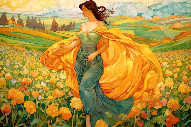 Oil painting of a beautiful young Woman walking through a field of Rococo style flowers