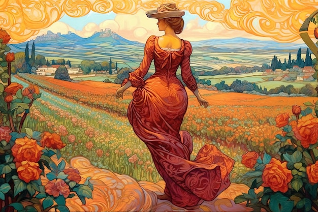 Oil painting of a beautiful young Woman walking through a field of Rococo style flowers