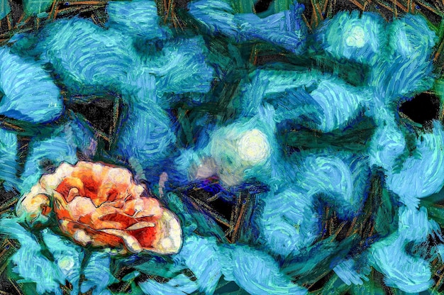 Oil painting blooming rose flower Modern digital art impressionism technique imitation of Vincent van Gogh style