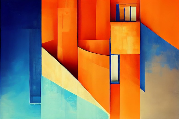 Oil Painting Of Building in Bauhaus Art Style Color Navy Blue Orange Yellow