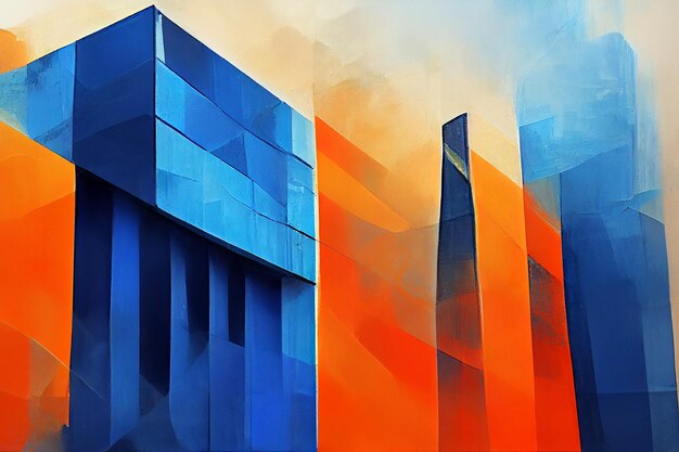 Oil Painting Of Building in Bauhaus Art Style Color Navy Blue Orange Yellow