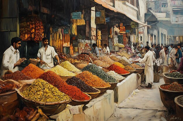 Photo oil painting of a busy market scene with spiced goods for sale