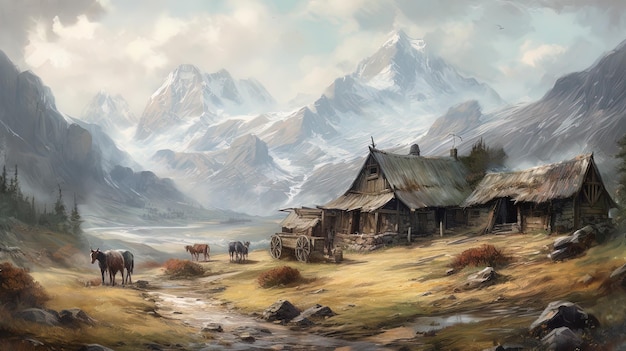 Oil painting of a cabin in a valley with snow Generated with AI