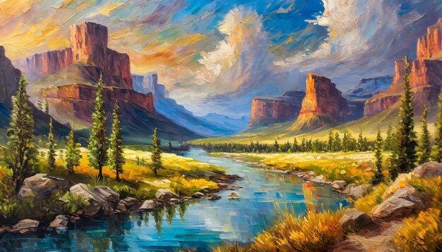 Oil painting on canvas of beautiful canyon landscape with mountains and blue river Hand drawn art