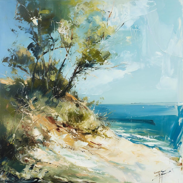 Oil painting on canvas Beautiful seascape with lonely trees and blue sky