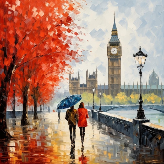 oil painting on canvas street of paris Artwork Big ben man and woman under an red umbrella