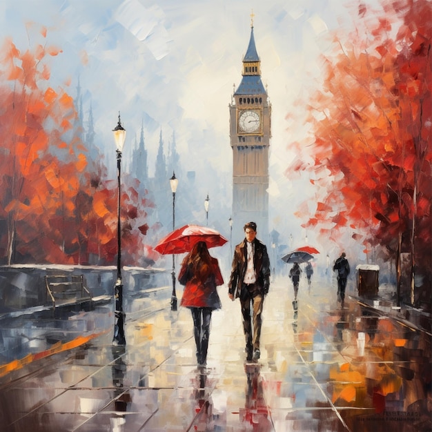 oil painting on canvas street of paris Artwork Big ben man and woman under an red umbrella