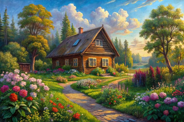 Oil painting on canvas summer landscape with wooden old house