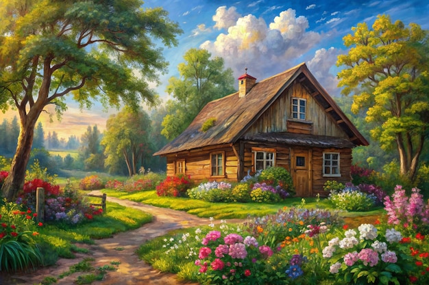 Oil painting on canvas summer landscape with wooden old house