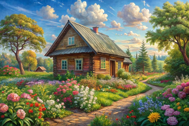 Oil painting on canvas summer landscape with wooden old house