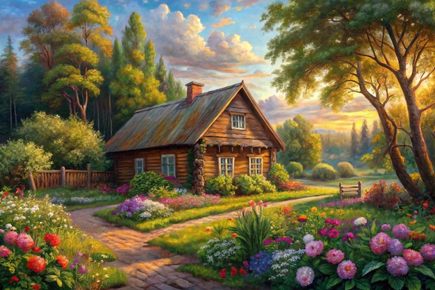 Oil painting on canvas summer landscape with wooden old house