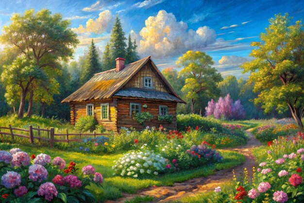 Oil painting on canvas summer landscape with wooden old house