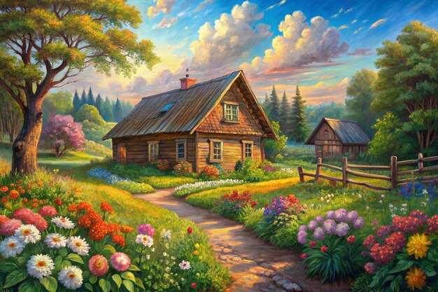 Oil painting on canvas summer landscape with wooden old house