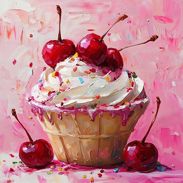 Photo oil painting of a cherrytopped cupcake with sprinkles