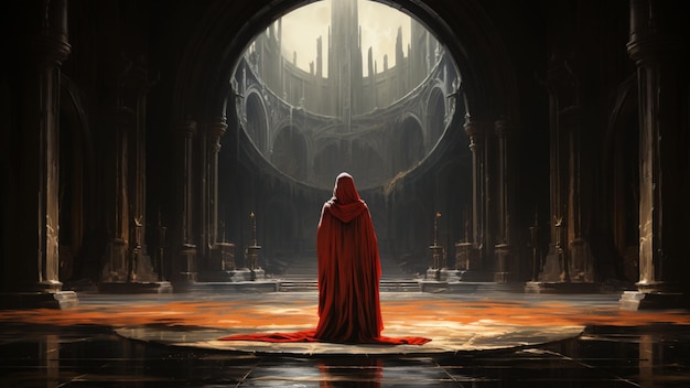 an oil painting of a clone soldier in with a red cloak pushing open two large wooden doors