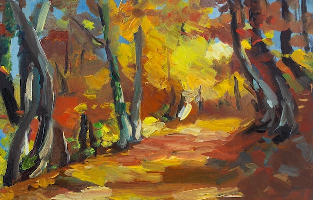 Oil painting of a colorful autumn landscape An original illustration of a beech forest in autumn