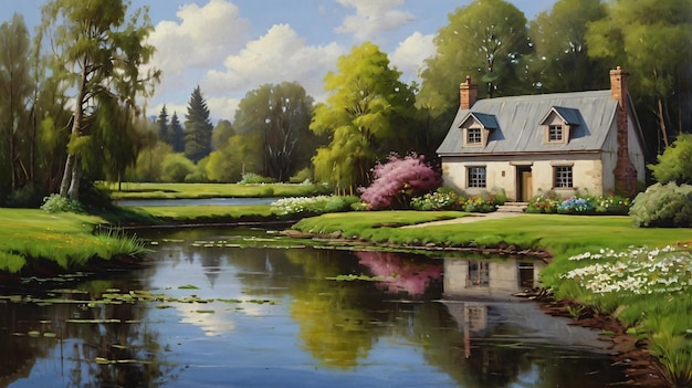 An Oil painting of a cottage near a pond in spring