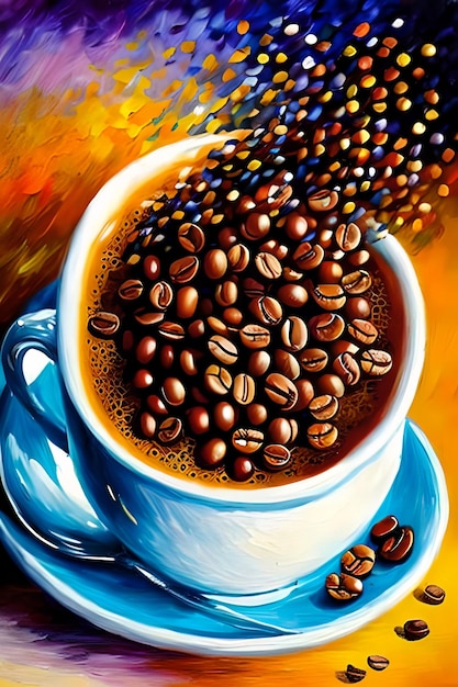 Oil painting a cup of coffee with bean