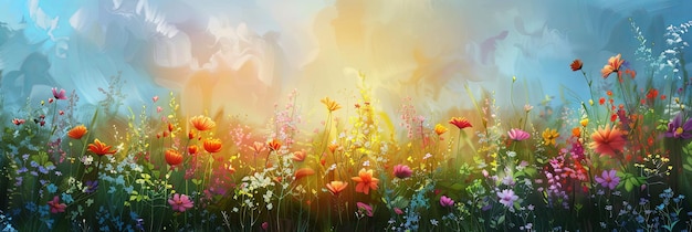 An oil painting depicting a vibrant field filled with colorful flowers Generative AI