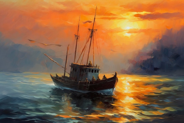 Oil Painting of a Fisherman Boat at Sunset on Sea Sea Landscape concept AI Generative