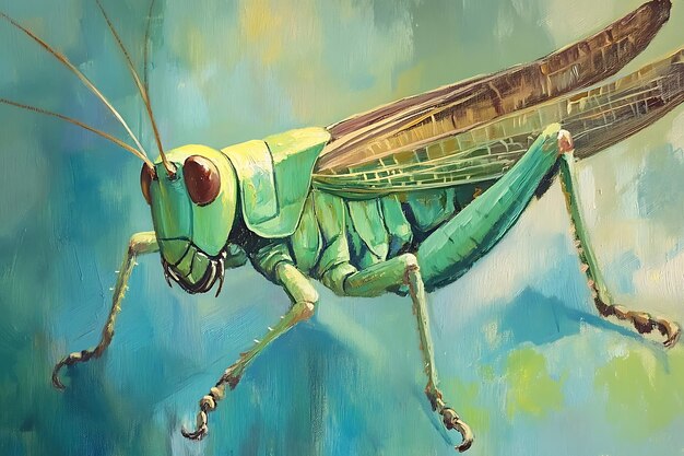 Photo oil painting of a green grasshopper on a blue background