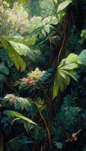 Oil painting of the jungle canopy big leaves flowers detailed 3D rendering