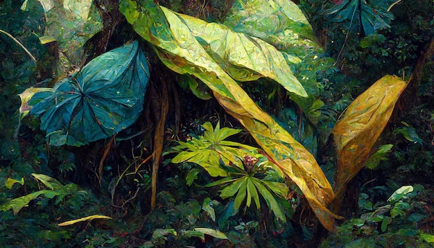 Oil painting of the jungle canopy big leaves flowers detailed 3D rendering