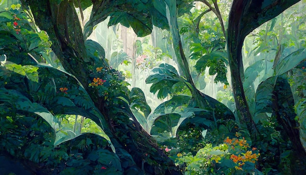 Oil painting of the jungle canopy big leaves flowers detailed 3D rendering