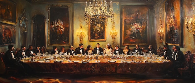 Oil painting of a large grand dining table extravagant feast opulent setting